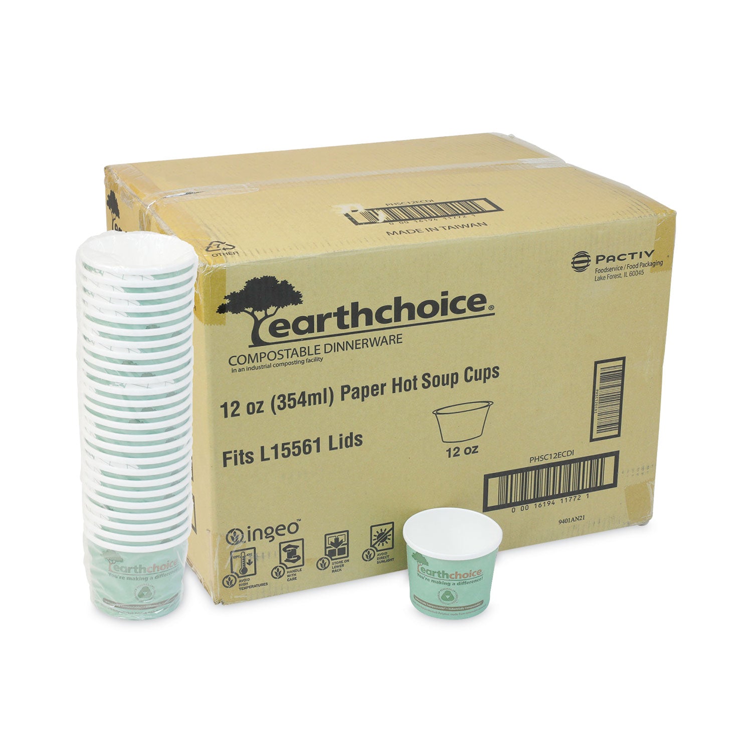 Pactiv EarthChoice Compostable Soup Cup, Medium, 12 oz, 3.63" Diameter x 3.63"h, Teal, Paper, 500/Carton (PHSC12ECDI)