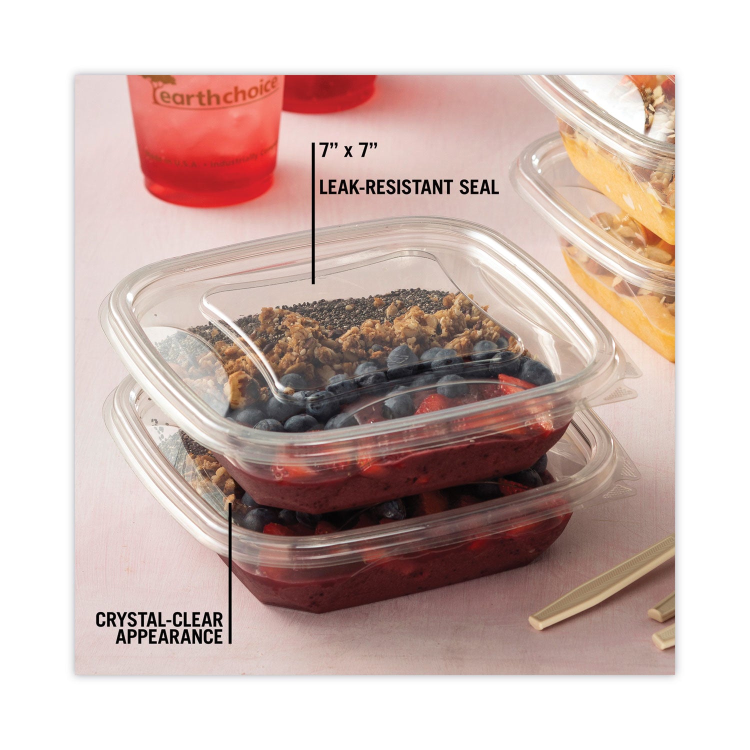 Pactiv EarthChoice Square Recycled Bowl Flat Lid, 7.38 x 7.38 x 0.26, Clear, Plastic, 300/Carton (SACLF07)