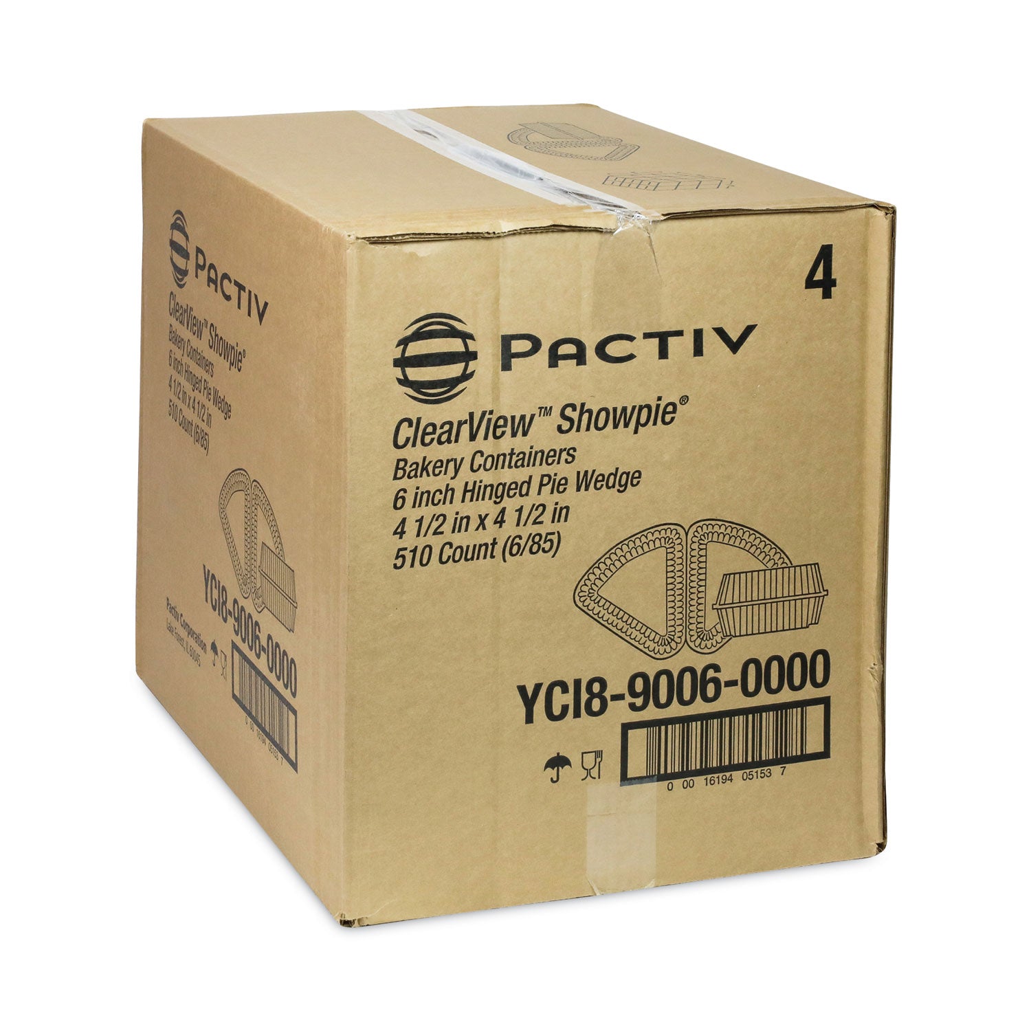 Pactiv Hinged Lid Pie Wedge Container, 6" Pie Wedge, 4.5 x 4.5 x 2.5, Clear, Plastic, 510/Carton (YCI890060000)