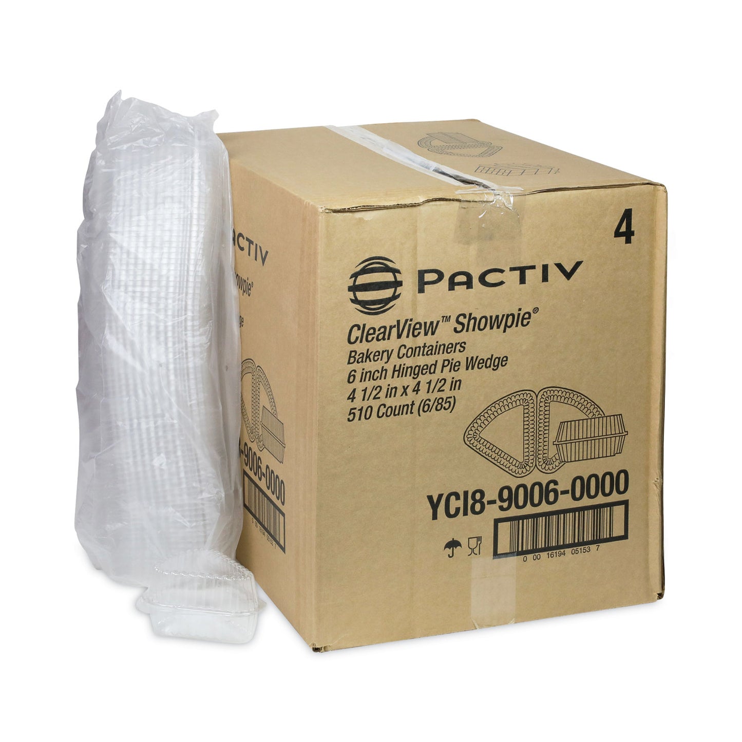 Pactiv Hinged Lid Pie Wedge Container, 6" Pie Wedge, 4.5 x 4.5 x 2.5, Clear, Plastic, 510/Carton (YCI890060000)