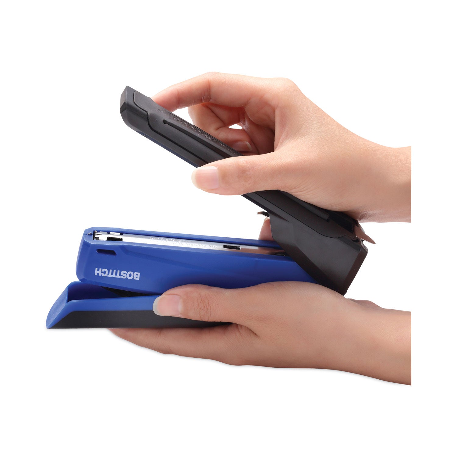 Bostitch InPower One-Finger 3-in-1 Desktop Stapler with Antimicrobial Protection, 20-Sheet Capacity, Blue/Black (1122)