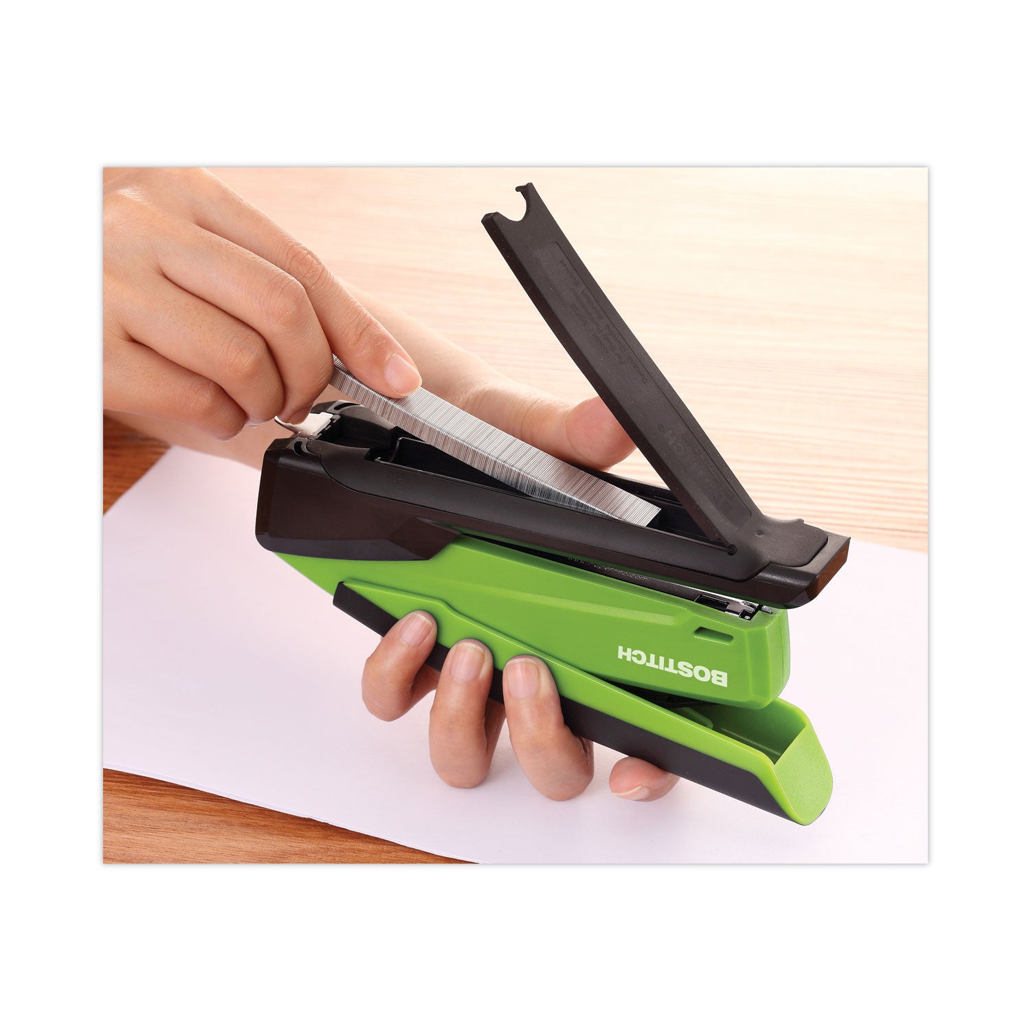 Bostitch InPower One-Finger 3-in-1 Desktop Stapler with Antimicrobial Protection, 20-Sheet Capacity, Green/Black (1123)