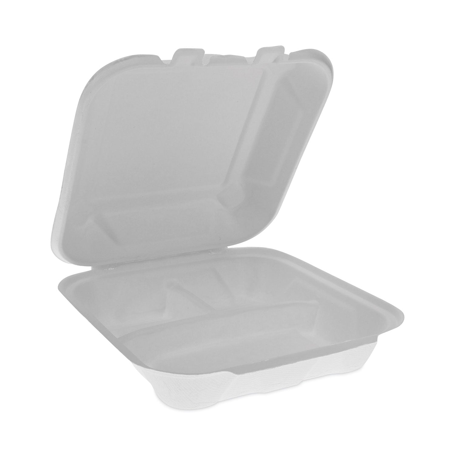 Pactiv EarthChoice Bagasse Hinged Lid Container, 3-Compartment, Dual Tab Lock, 7.8 x 7.8 x 2.8, Natural, Sugarcane, 150/Carton (YMCH08030001)