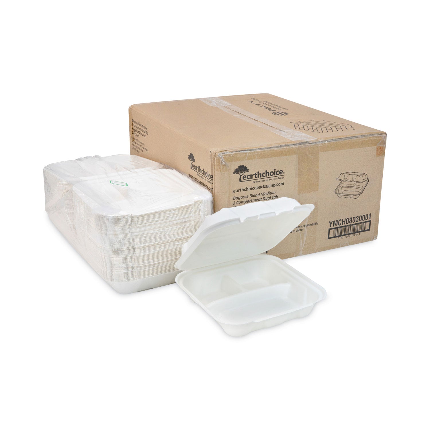 Pactiv EarthChoice Bagasse Hinged Lid Container, 3-Compartment, Dual Tab Lock, 7.8 x 7.8 x 2.8, Natural, Sugarcane, 150/Carton (YMCH08030001)