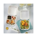 Pactiv EarthChoice Bagasse Hinged Lid Container, 3-Compartment, Dual Tab Lock, 7.8 x 7.8 x 2.8, Natural, Sugarcane, 150/Carton (YMCH08030001)