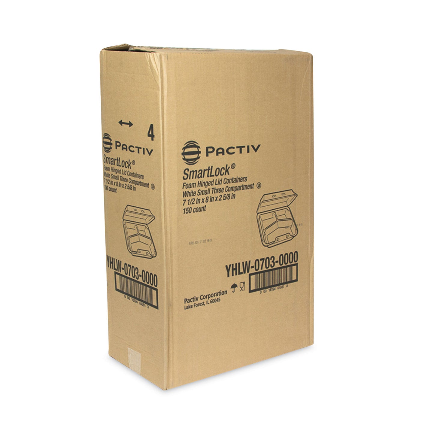 Pactiv SmartLock Foam Hinged Lid Container, Small, 3-Compartment, 7.5 x 8 x 2.63, White, 150/Carton (YHLW07030000)