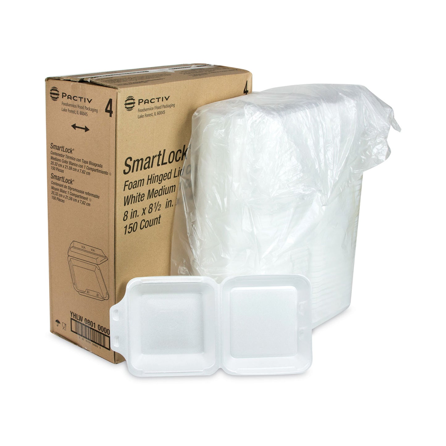 Pactiv SmartLock Foam Hinged Lid Container, Medium, 8 x 8 x 3, White, 150/Carton (YHLW08010000)