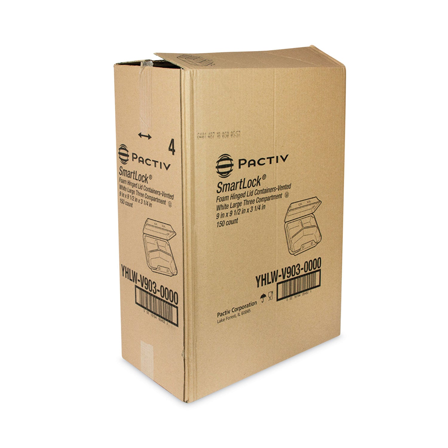 Pactiv SmartLock Vented Foam Hinged Lid Container, 3-Compartment, 9 x 9.25 x 3.25, White, 150/Carton (YHLWV9030000)