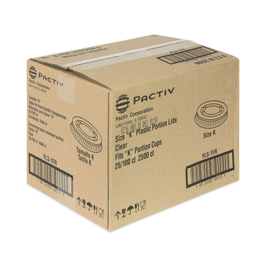 Pactiv Plastic Portion Cup Lid, Fits 0.5 oz to 1 oz Cups, Clear, 100/Sleeve, 25 Sleeves/Carton (YLS1FR)