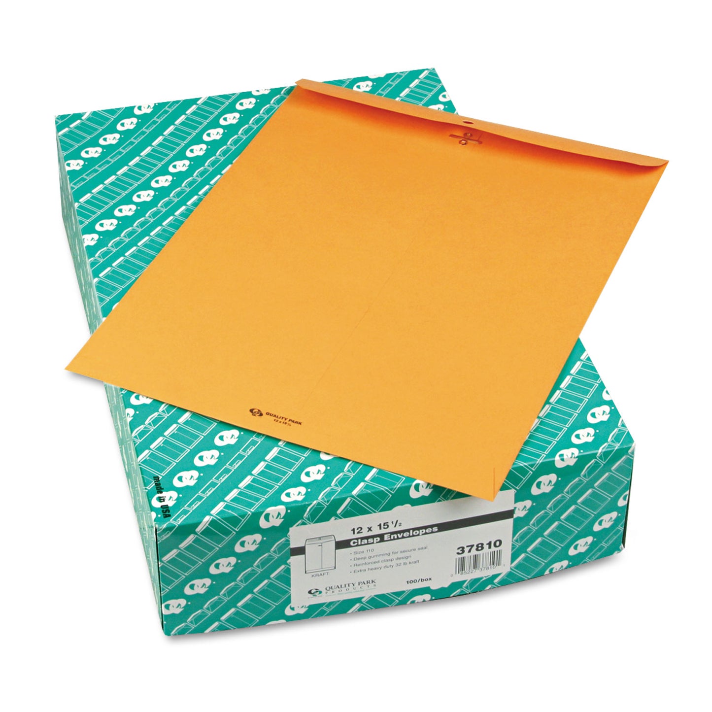 Quality Park Clasp Envelope, 32 lb Bond Weight Kraft, #15 1/2, Square Flap, Clasp/Gummed Closure, 12 x 15.5, Brown Kraft, 100/Box (37810)