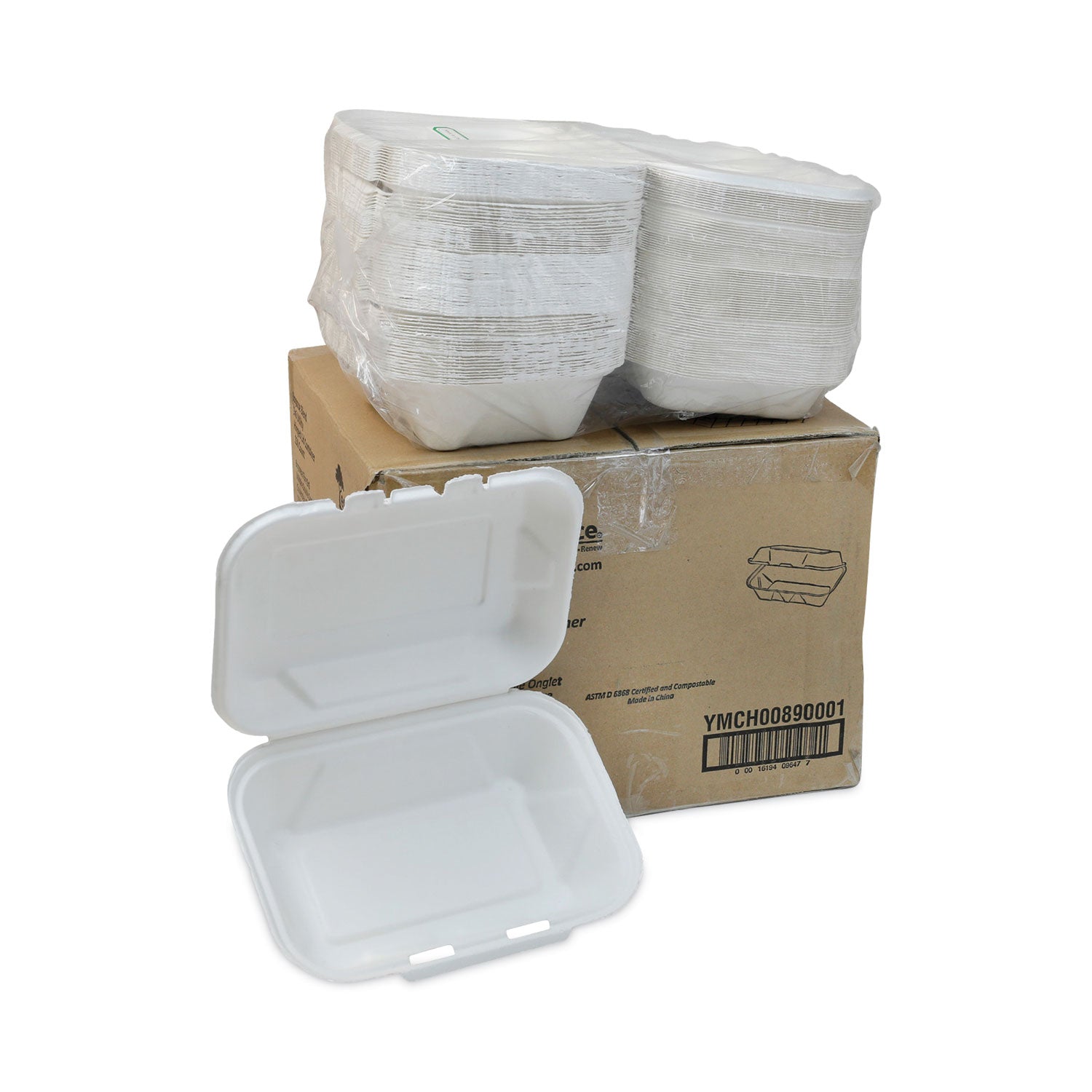 Pactiv EarthChoice Bagasse Hinged Lid Container, Dual Tab Lock, 9.1 x 6.1 x 3.3, Natural, Sugarcane, 150/Carton (YMCH00890001)