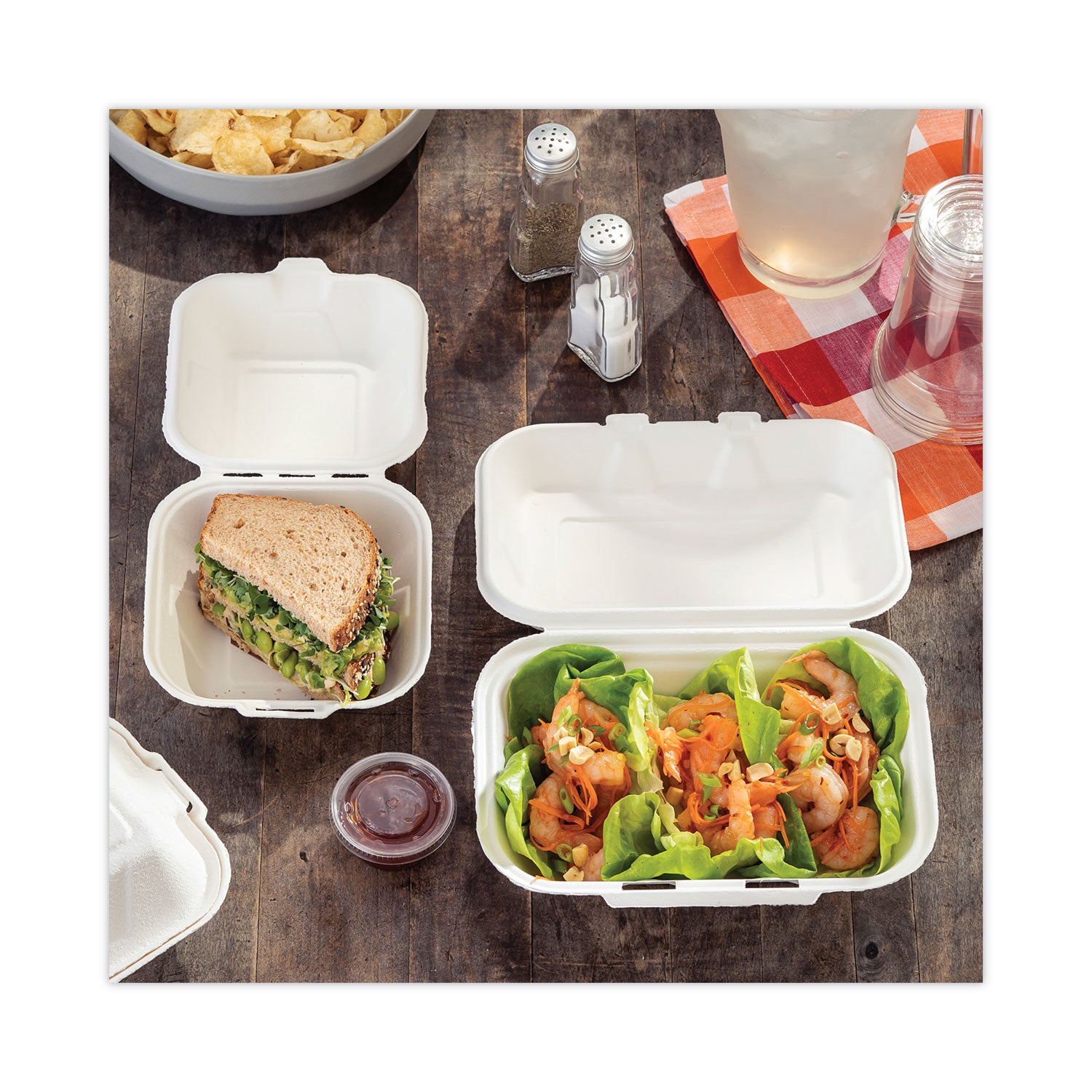 Pactiv EarthChoice Bagasse Hinged Lid Container, Dual Tab Lock, 9.1 x 6.1 x 3.3, Natural, Sugarcane, 150/Carton (YMCH00890001)