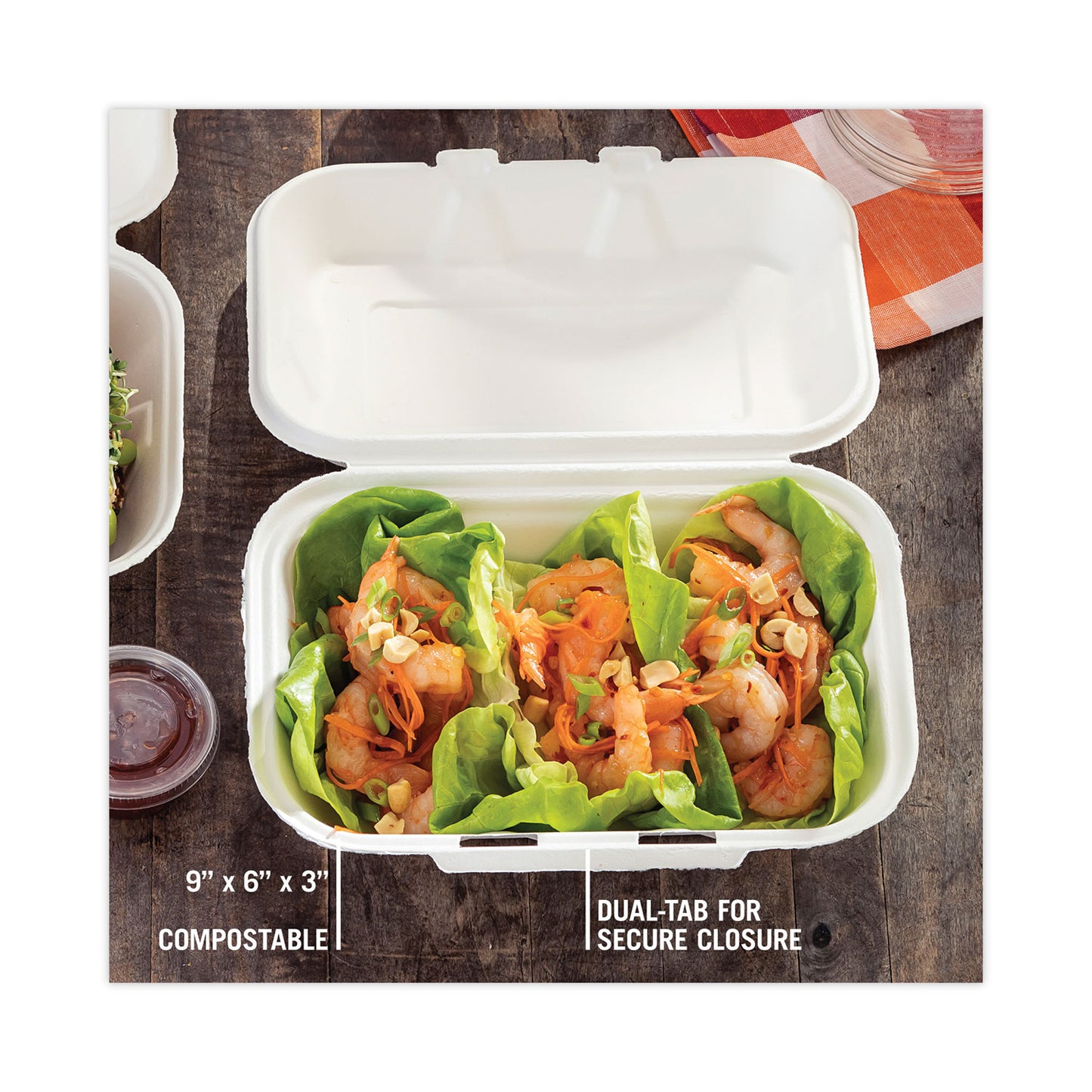 Pactiv EarthChoice Bagasse Hinged Lid Container, Dual Tab Lock, 9.1 x 6.1 x 3.3, Natural, Sugarcane, 150/Carton (YMCH00890001)