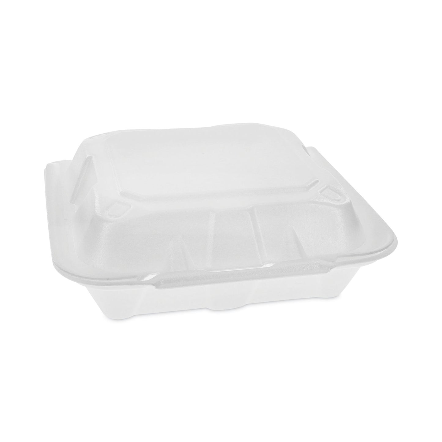 Pactiv Vented Foam Hinged Lid Container, Dual Tab Lock Economy, 8.42 x 8.15 x 3, White, 150/Carton (YTD18801ECON)