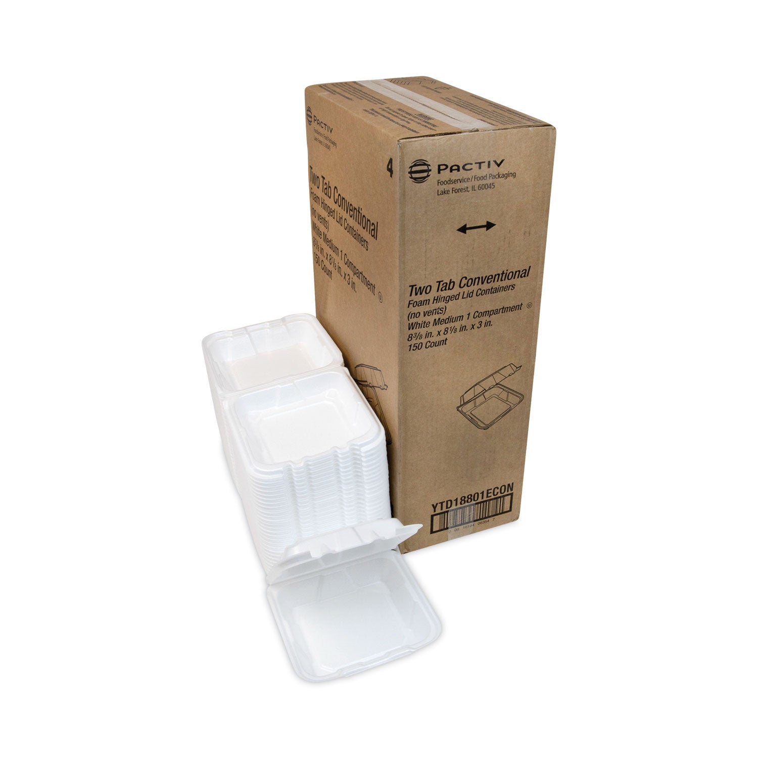 Pactiv Vented Foam Hinged Lid Container, Dual Tab Lock Economy, 8.42 x 8.15 x 3, White, 150/Carton (YTD18801ECON)