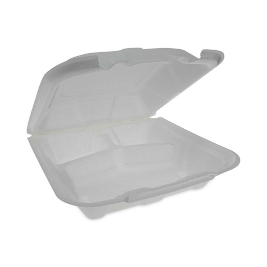 Pactiv Vented Foam Hinged Lid Container, Dual Tab Lock Economy, 3-Compartment, 9.13 x 9 x 3.25, White, 150/Carton (YTD19903ECON)