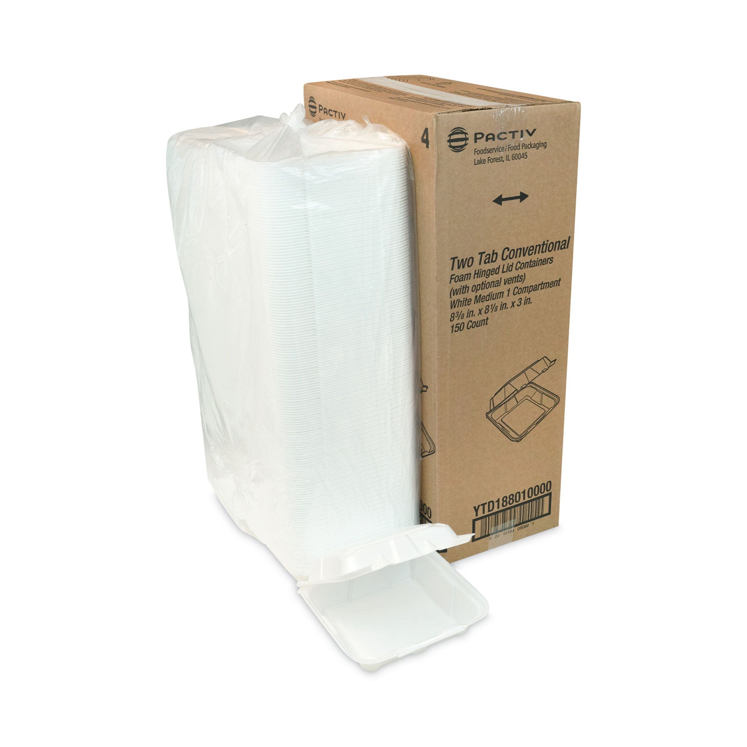 Pactiv Vented Foam Hinged Lid Container, Dual Tab Lock, 8.42 x 8.15 x 3, White, 150/Carton (YTD188010000)