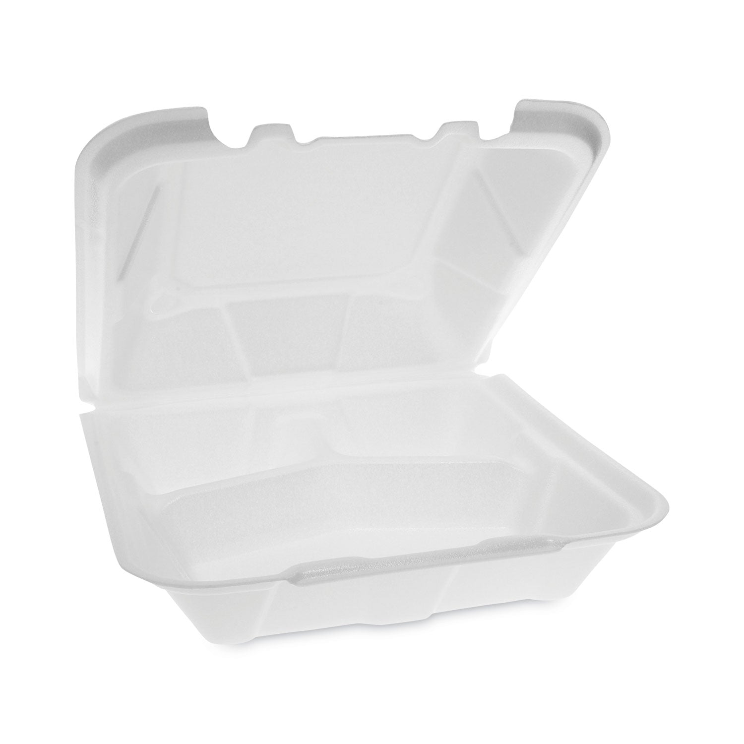 Pactiv Vented Foam Hinged Lid Container, Dual Tab Lock, 3-Compartment, 9.13 x 9 x 3.25, White, 150/Carton (YTD199030000)