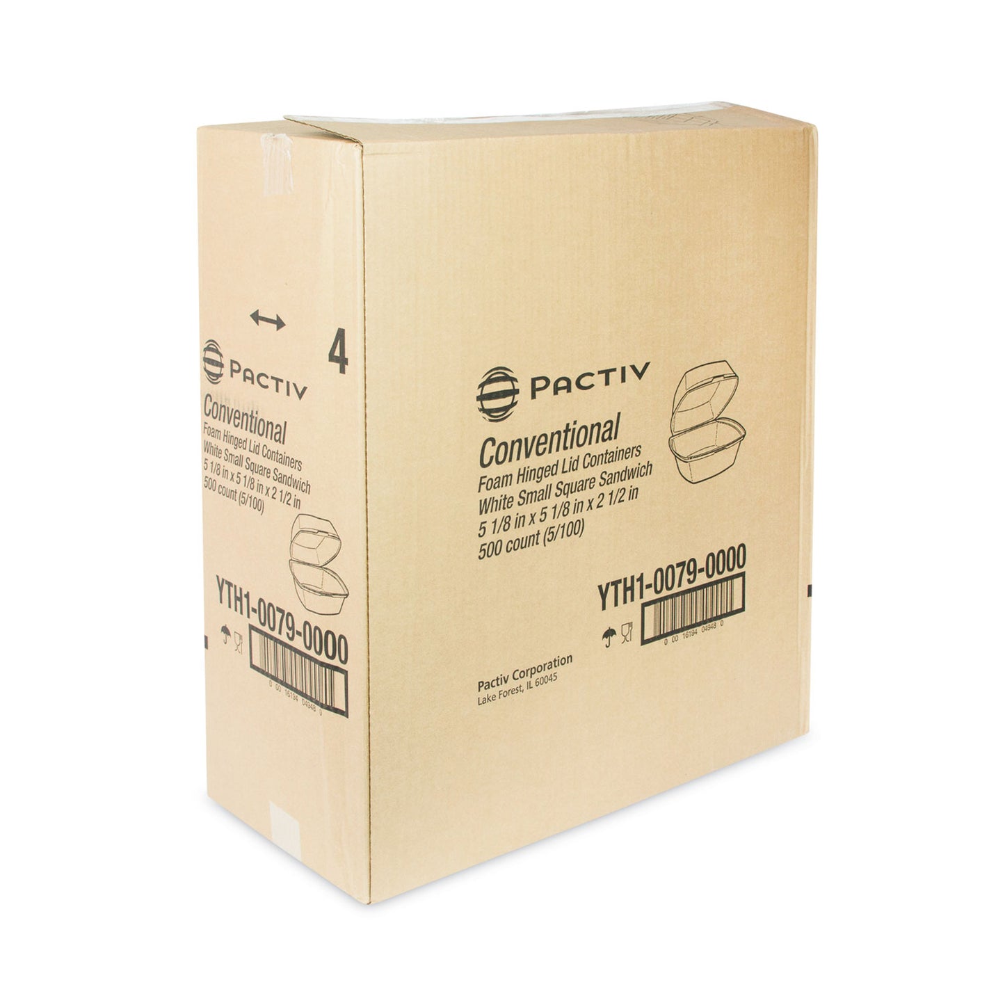 Pactiv Foam Hinged Lid Container, Single Tab Lock, 5.13 x 5.13 x 2.5, White, 500/Carton (YTH100790000)