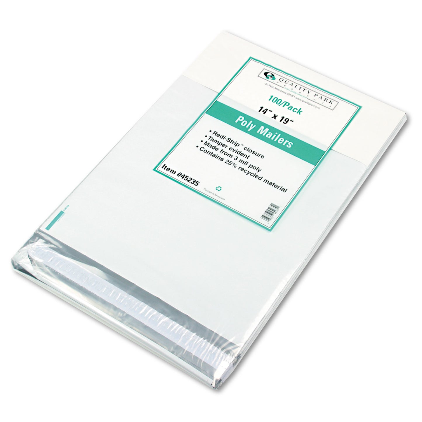 Quality Park Redi-Strip Poly Mailer, #6, Square Flap, Redi-Strip Adhesive Closure, 14 x 19, White, 100/Pack (45235)