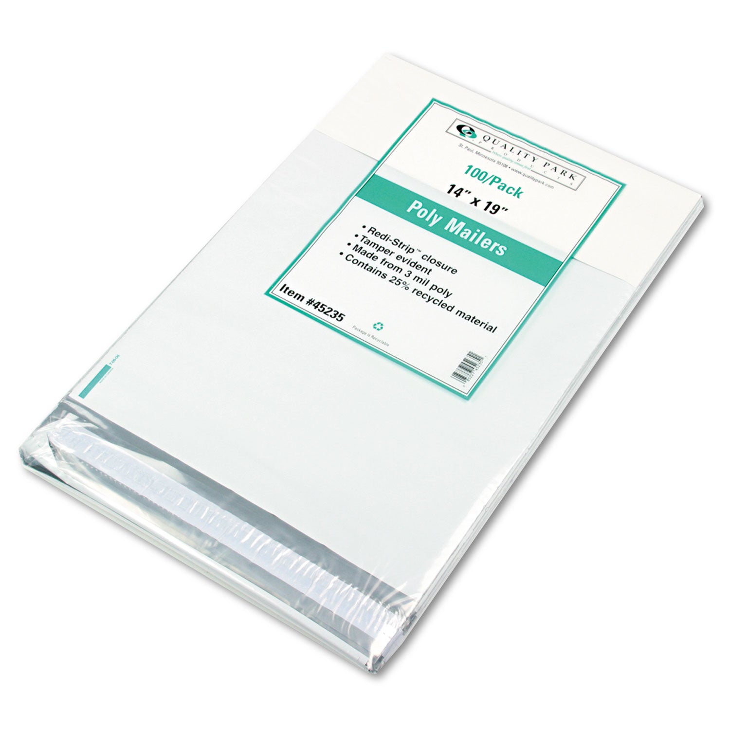 Quality Park Redi-Strip Poly Mailer, #6, Square Flap, Redi-Strip Adhesive Closure, 14 x 19, White, 100/Pack (45235)