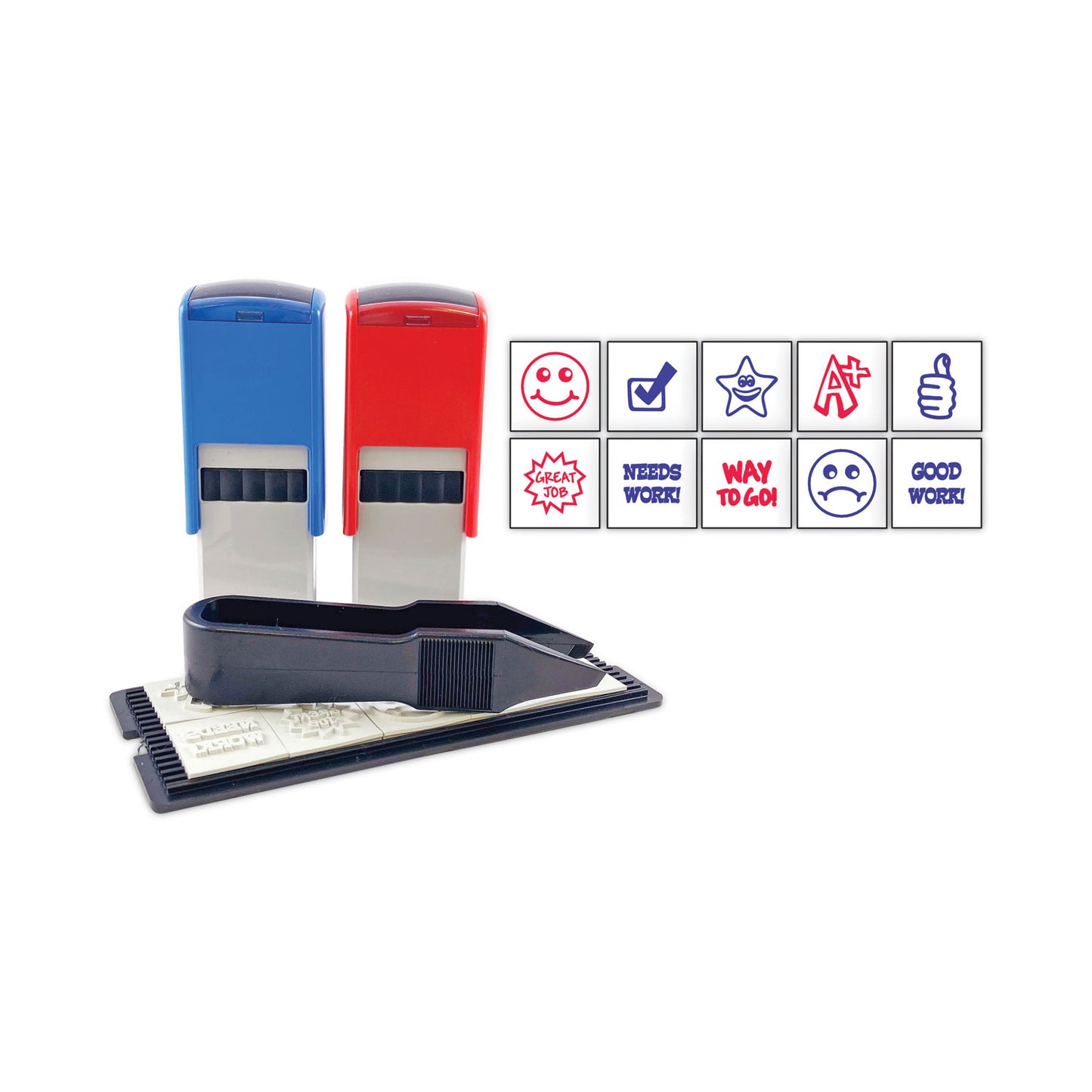 Trodat Printy 10-in-1 Self-Inking Teacher Stamp, Incudes 10 Dies, 0.63" Diameter, Blue/Red (4630)