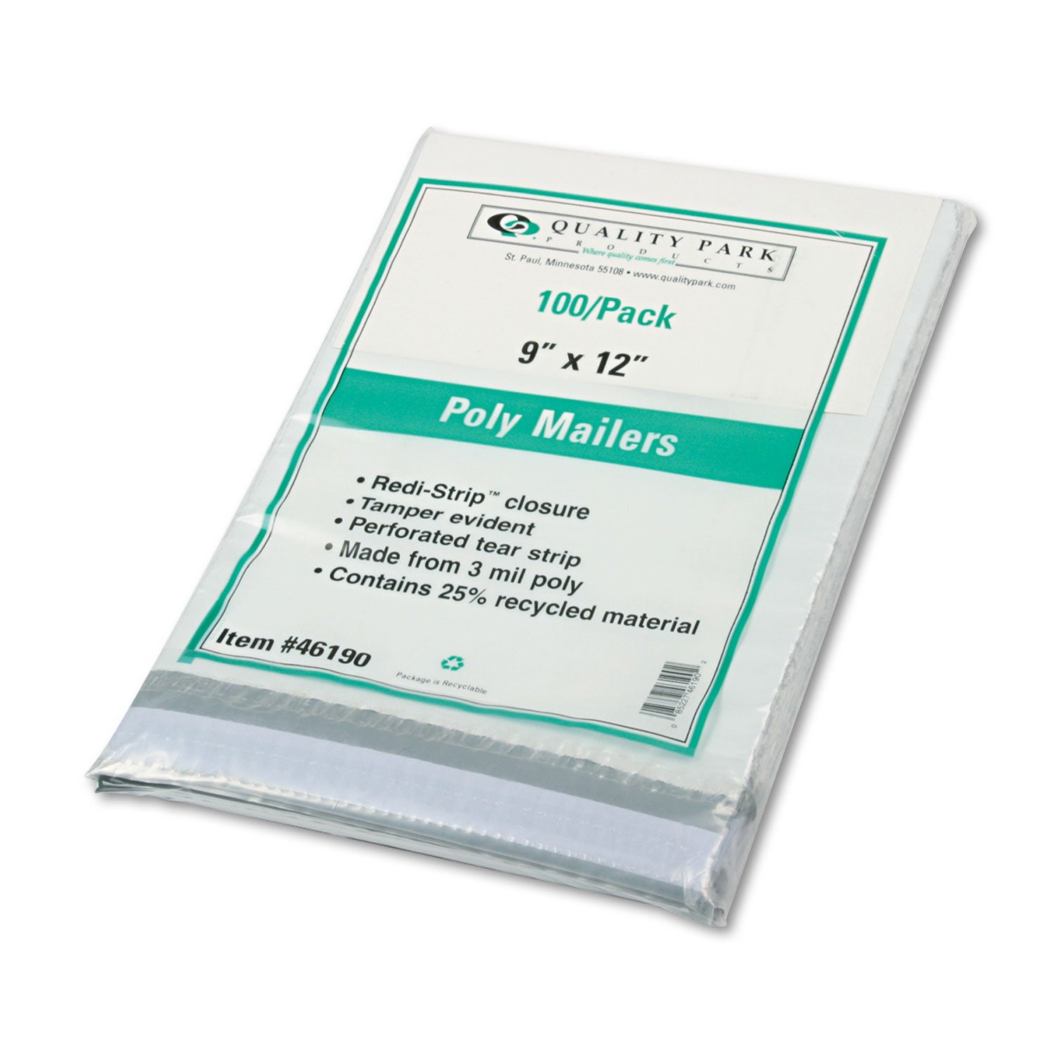 Quality Park Redi-Strip Poly Mailer, #3, Square Flap with Perforated Strip, Redi-Strip Adhesive Closure, 9 x 12, White, 100/Pack (46190)