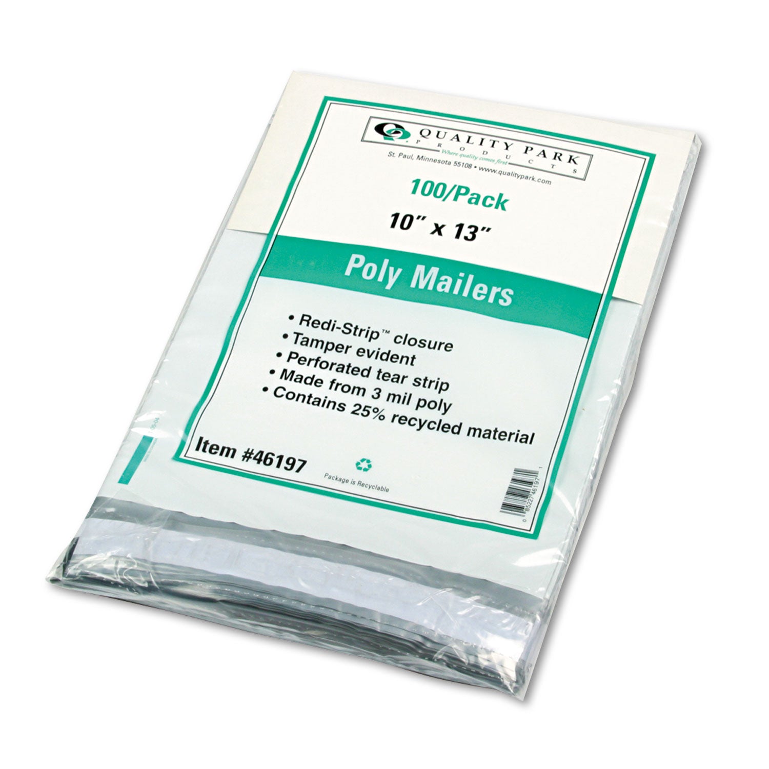 Quality Park Redi-Strip Poly Mailer, #4, Square Flap with Perforated Strip, Redi-Strip Adhesive Closure, 10 x 13, White, 100/Pack (46197)