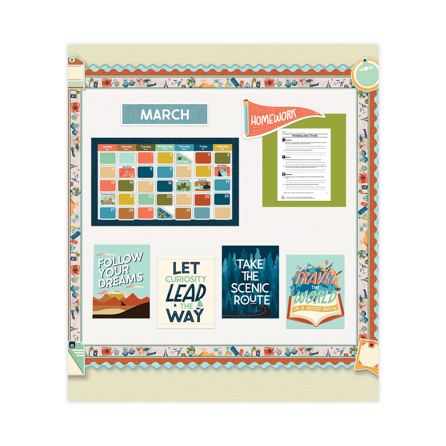 Carson-Dellosa Calendar Bulletin Board Sets, 123-Piece Set, Let's Explore, 23" x 13", Multicolor (110556)