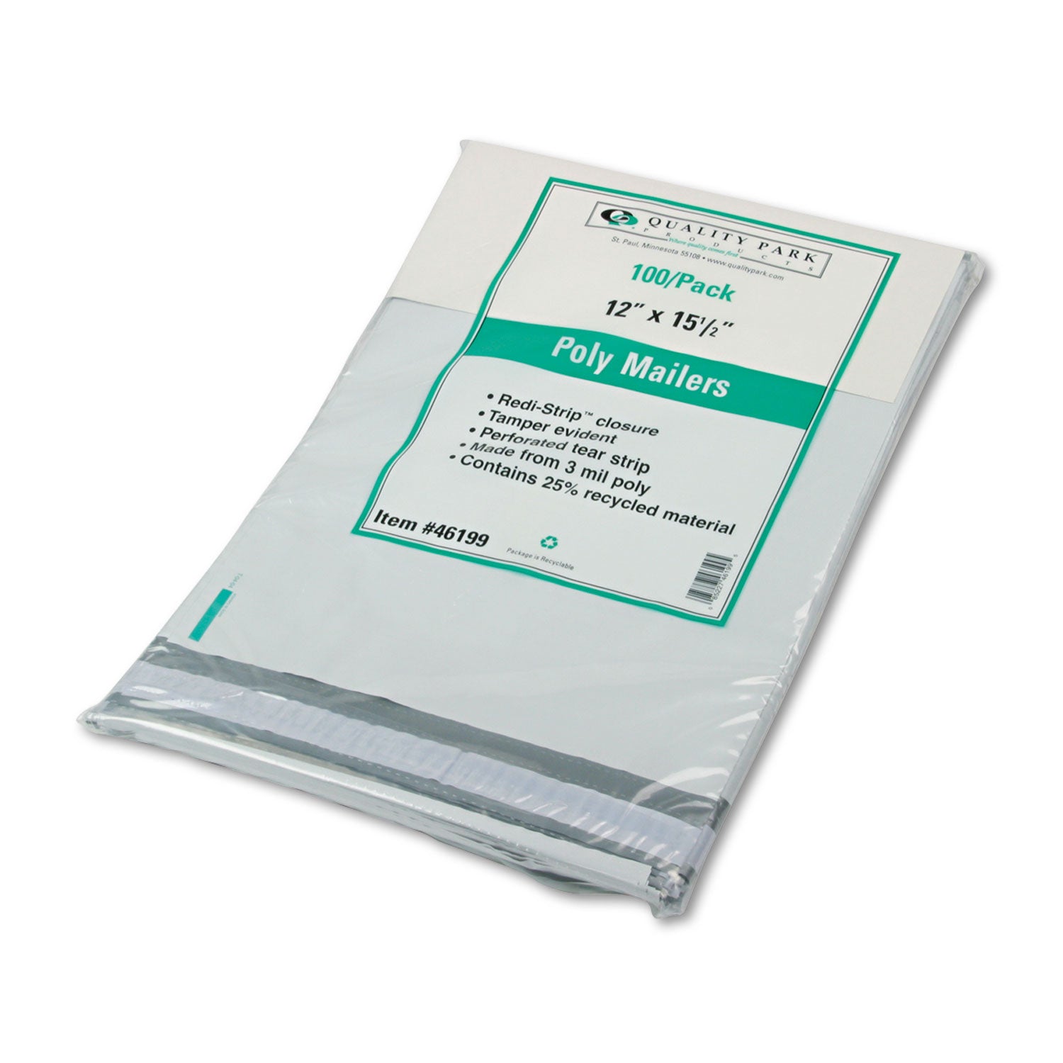 Quality Park Redi-Strip Poly Mailer, #5, Square Flap with Perforated Strip, Redi-Strip Adhesive Closure, 12 x 15.5, White, 100/Pack (46199)