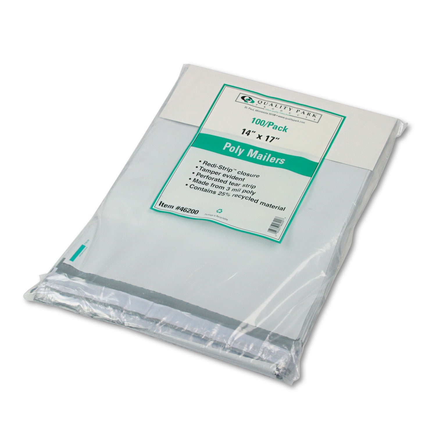 Quality Park Redi-Strip Poly Mailer, #5 1/2, Square Flap with Perforated Strip, Redi-Strip Adhesive Closure, 14 x 17, White, 100/Pack (46200)