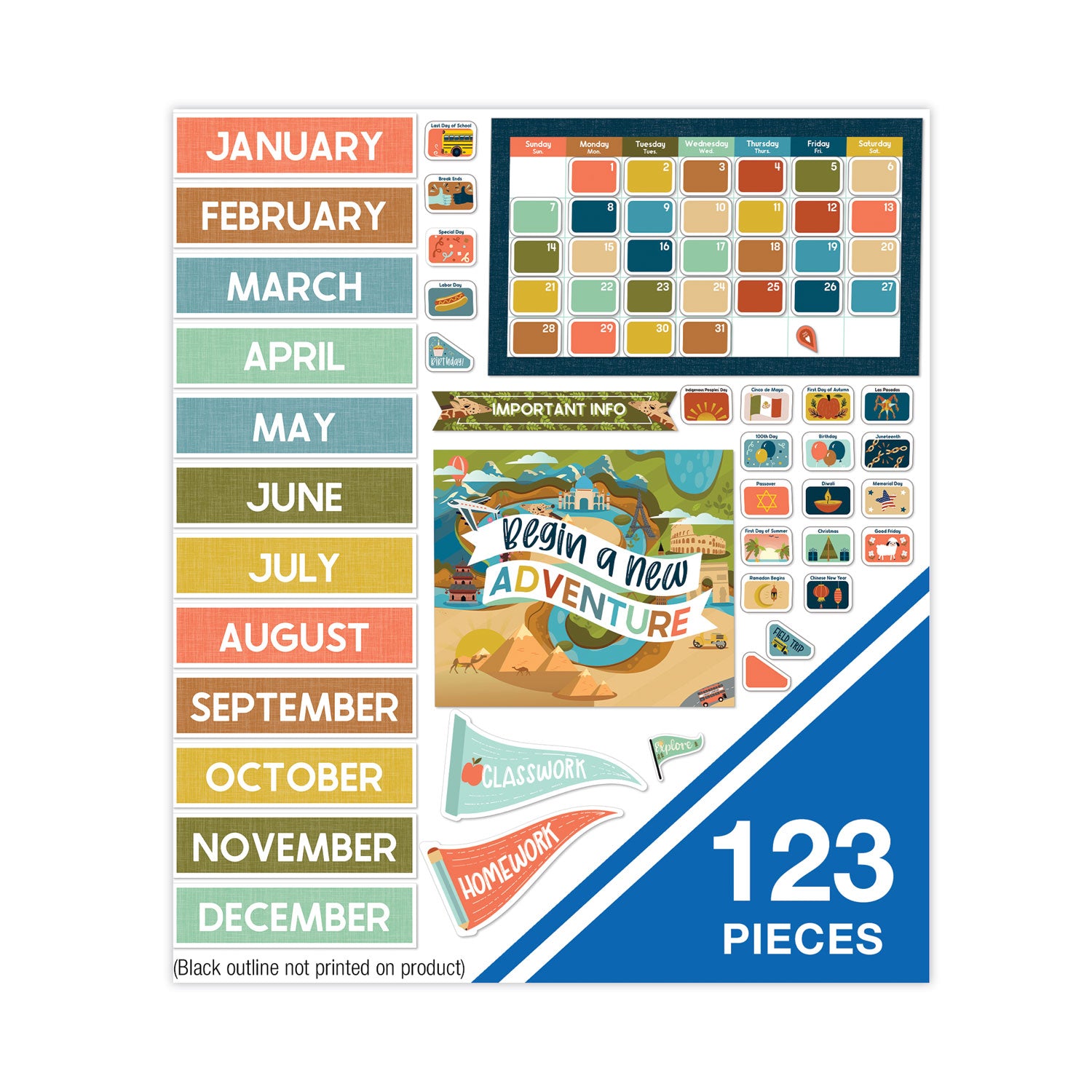 Carson-Dellosa Calendar Bulletin Board Sets, 123-Piece Set, Let's Explore, 23" x 13", Multicolor (110556)