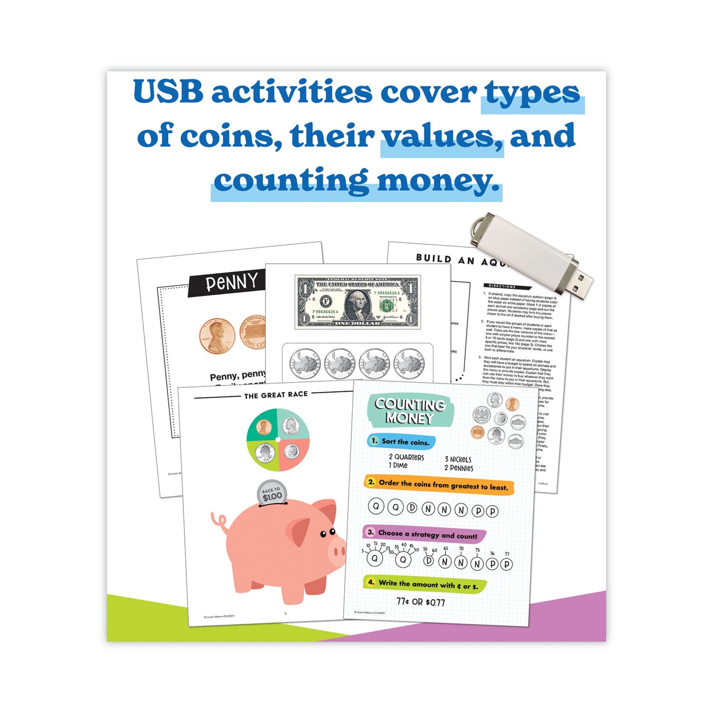 Carson-Dellosa In a Flash USB, US Money, Ages 6-8, 229 Pages (109579)