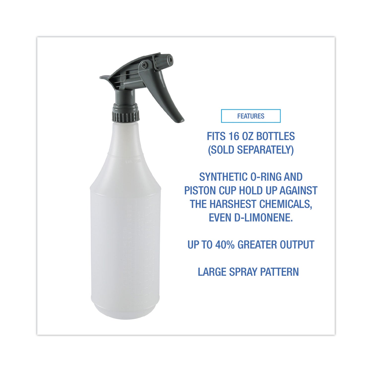 Boardwalk Chemical-Resistant Trigger Sprayer 320CR, 7.25" Tube, Fits16 oz Bottles, Gray, 24/Carton (72108)