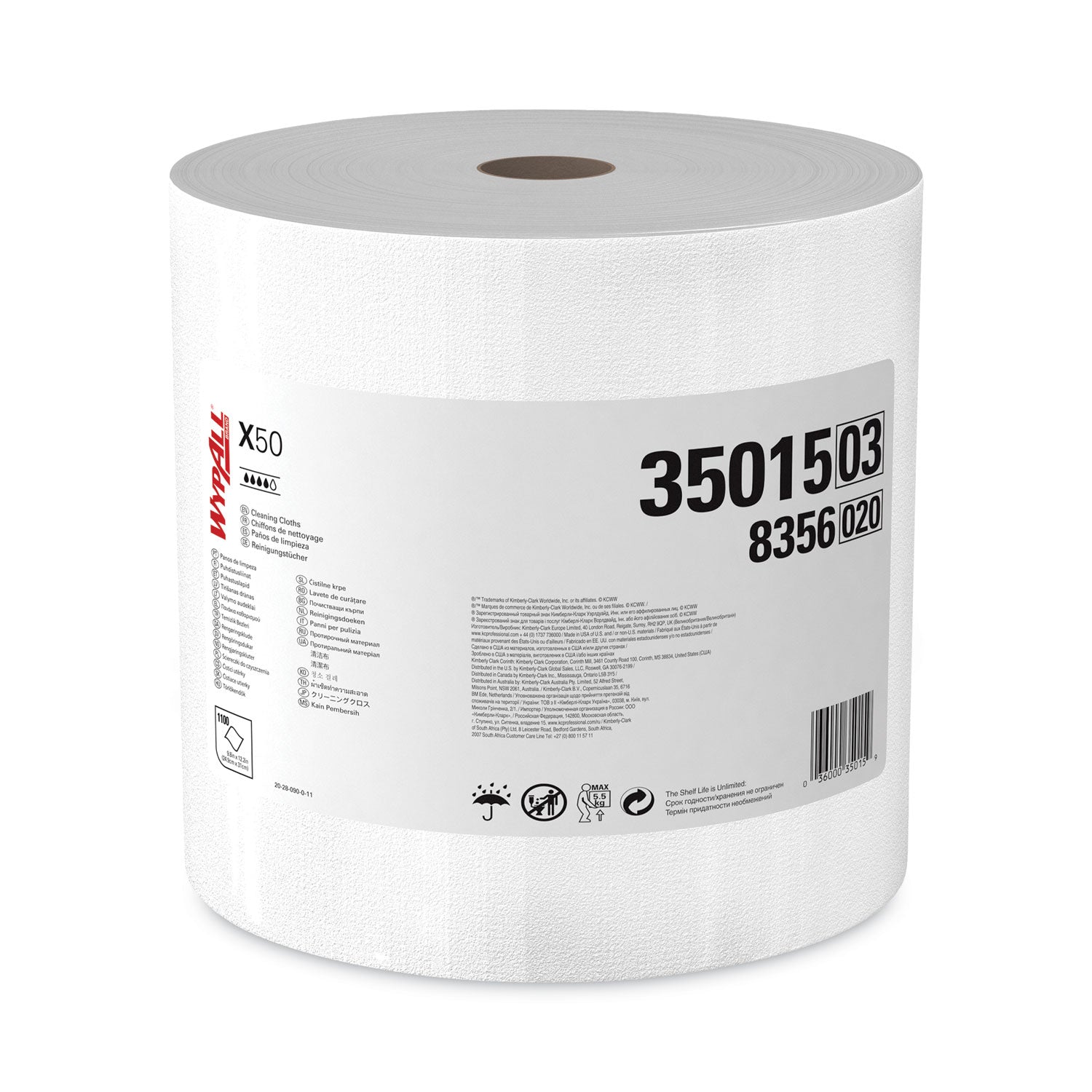 WypAll X50 Cloths, Jumbo Roll, 13.4 x 9.8, White, 1,100/Roll (35015)