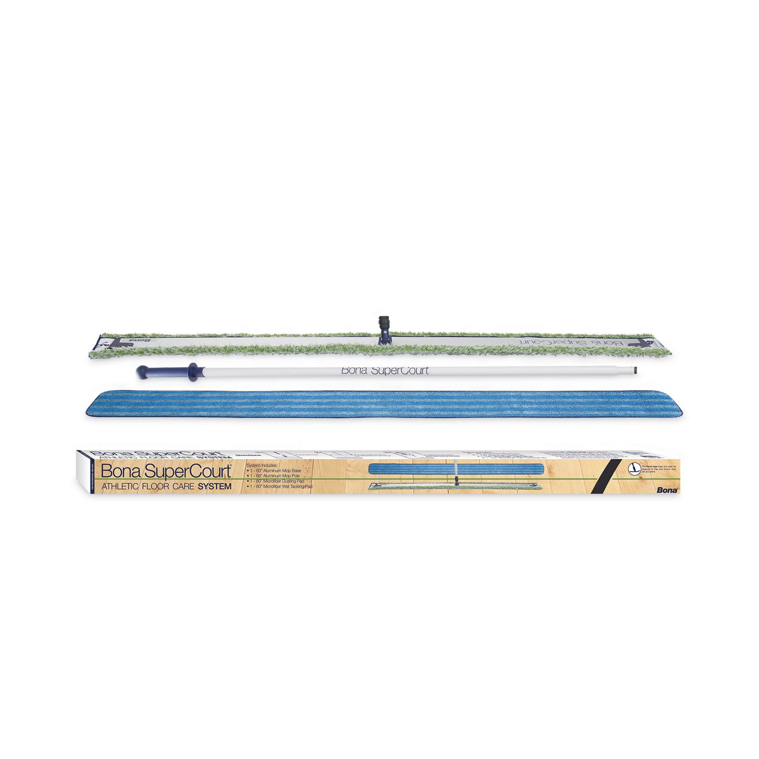Bona SuperCourt Athletic Floor Care System, 60" Wide  Microfiber Head, 66" Silver/Blue Aluminum Handle (WM710013471)