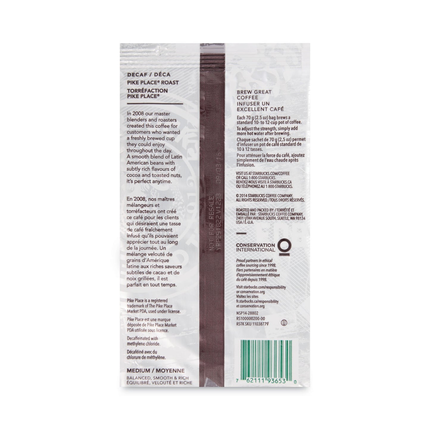 Starbucks Coffee, Pike Place Decaf, 2 1/2 oz Packet, 18/Box (11023061)