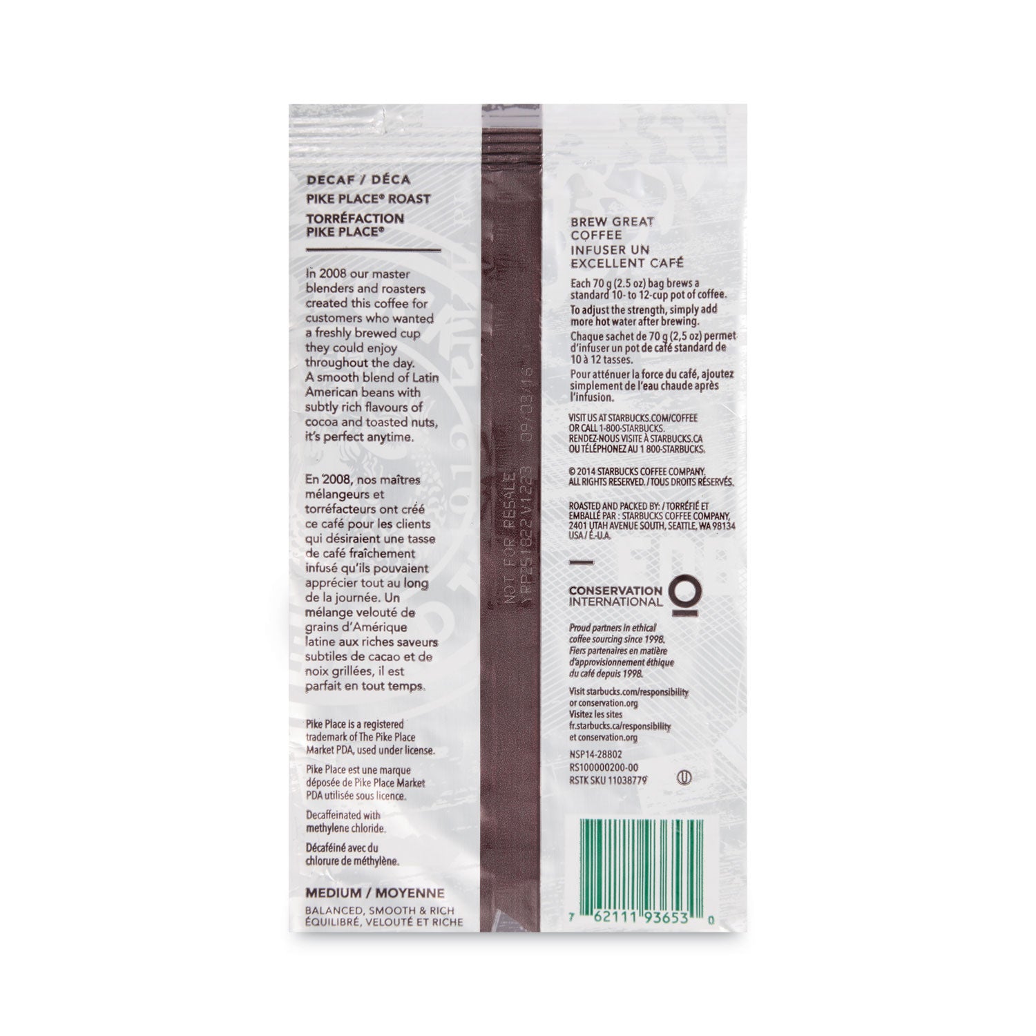 Starbucks Coffee, Pike Place Decaf, 2 1/2 oz Packet, 18/Box (11023061)