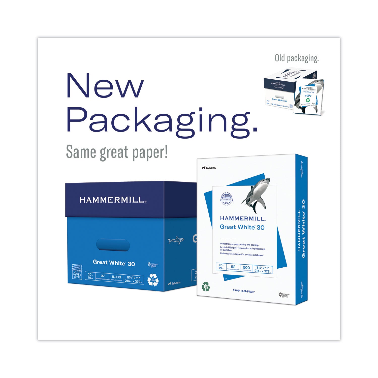 Hammermill Great White 30 Recycled Print Paper, 92 Bright, 20 lb Bond Weight, 11 x 17, White, 500/Ream (86750)