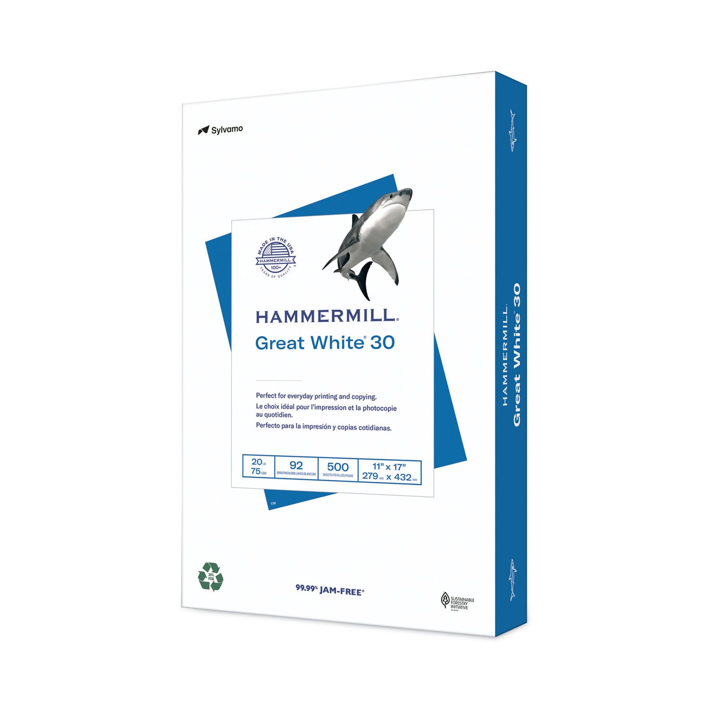 Hammermill Great White 30 Recycled Print Paper, 92 Bright, 20 lb Bond Weight, 11 x 17, White, 500/Ream (86750)