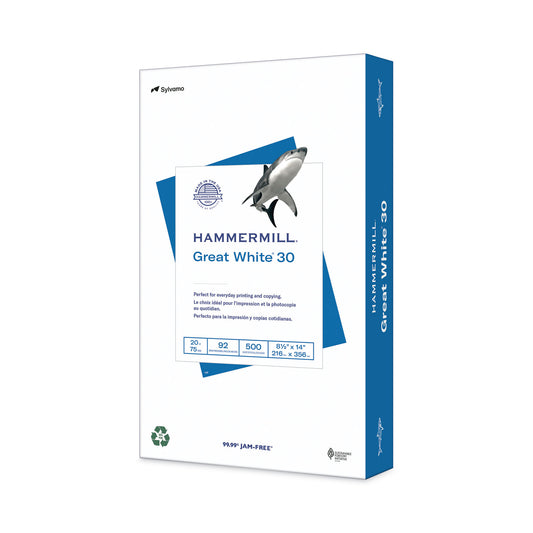 Hammermill Great White 30 Recycled Print Paper, 92 Bright, 20 lb Bond Weight, 8.5 x 14, White, 500/Ream (86704)