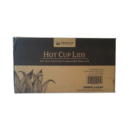 Emerald Plant to Plastic Fully Closed PLA Hot Cup Lid, Fits 8 oz to 20 oz, White, 50/Pack, 20 Packs/Carton (PME01099)