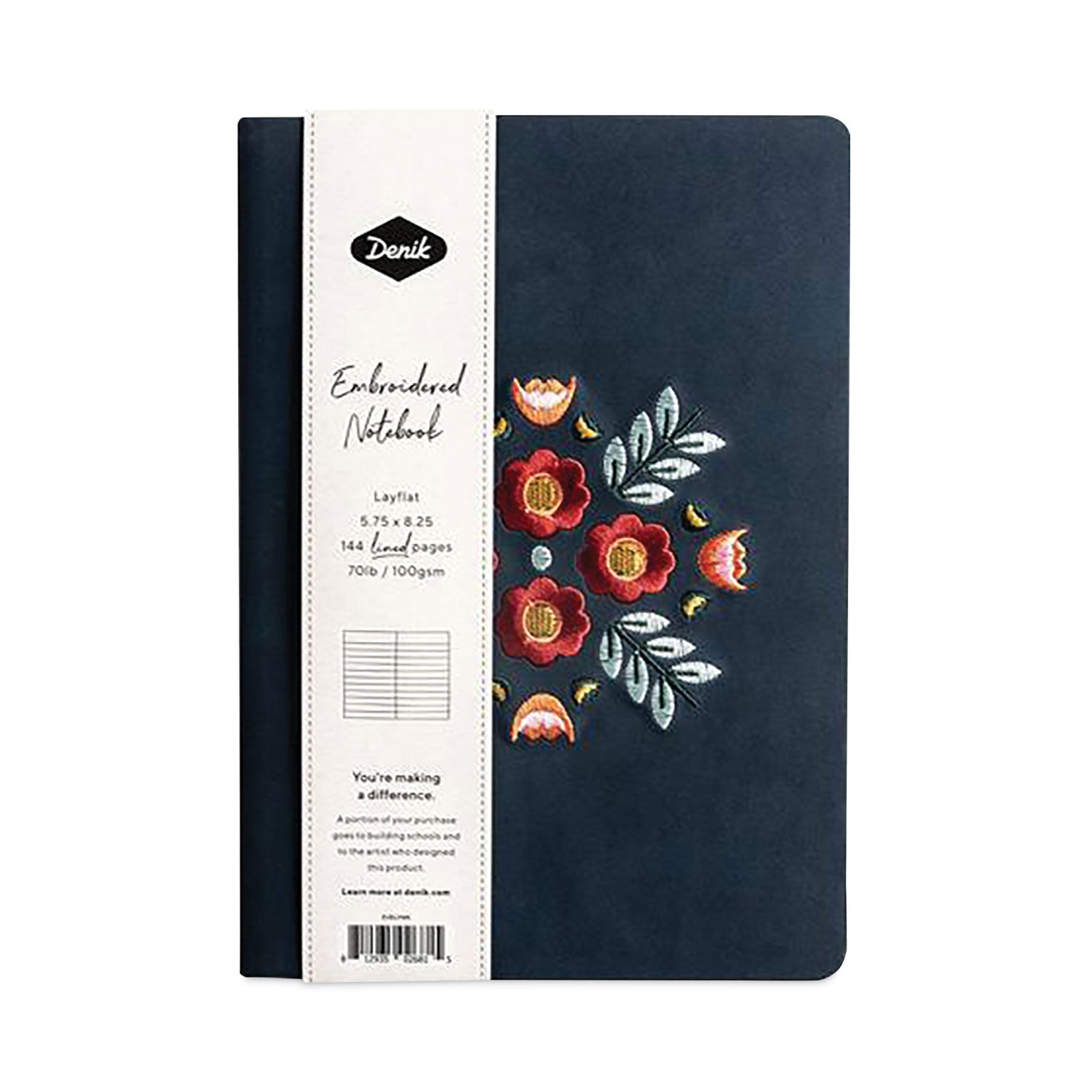 Denik Vegan-Suede Layflat Hardbound Journal, Evelyn's Floral Bouquet, College Rule, Dark Blue/Multicolor Cover, (72) 8 x 5.5 Sheets (AHBC550L)