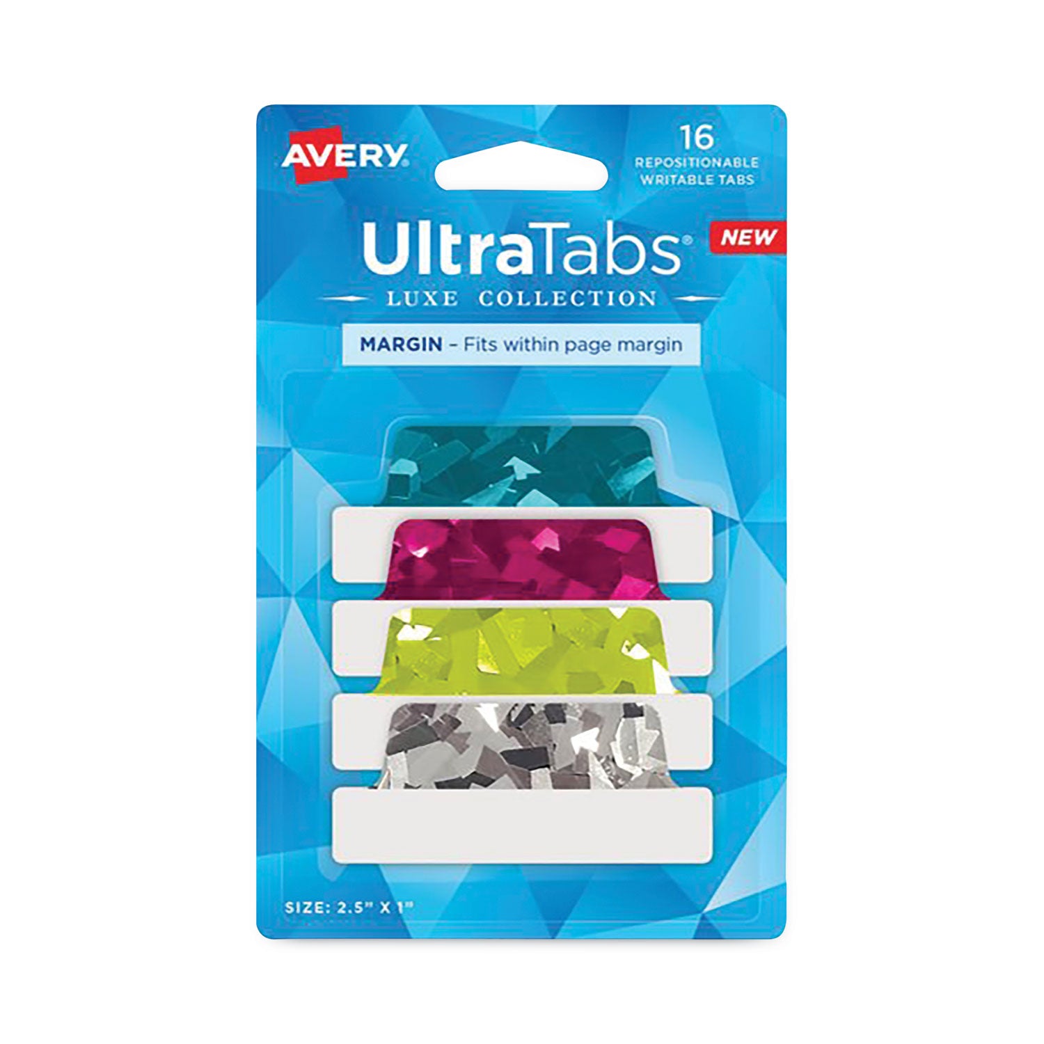 Avery Ultra Tabs Luxe Collection Repositionable Tabs, 1/5-Cut, Assorted Jewel Prism Colors, 2.5" Wide, 16/Pack (74147)