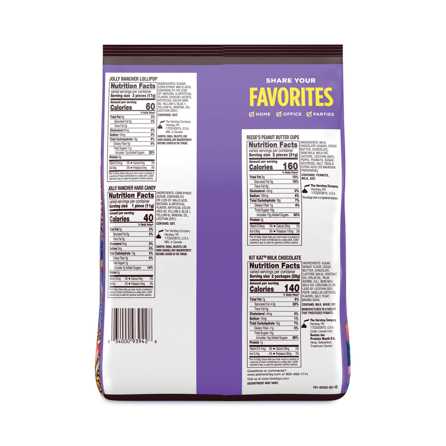 Hershey's Snack-Size Sweets and Chocolate Assortment Party Pack, 34.19 oz Bag (HEC93942)