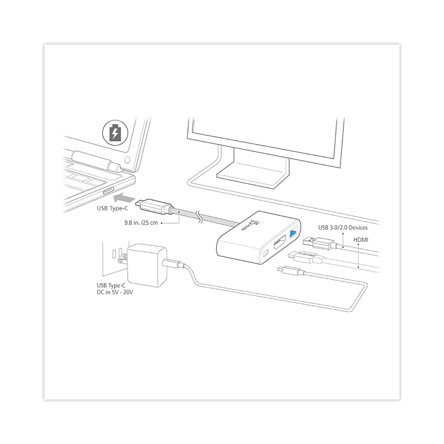 j5create USB-C to HDMI/USB Adapter, 7.87", White (JCA379)