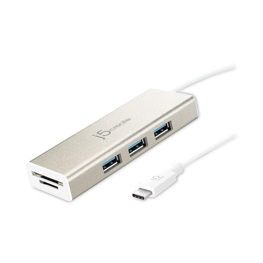 j5create USB-C Hub with SD/Micro SD Card Reader, 3 Ports, Silver (JCH347)