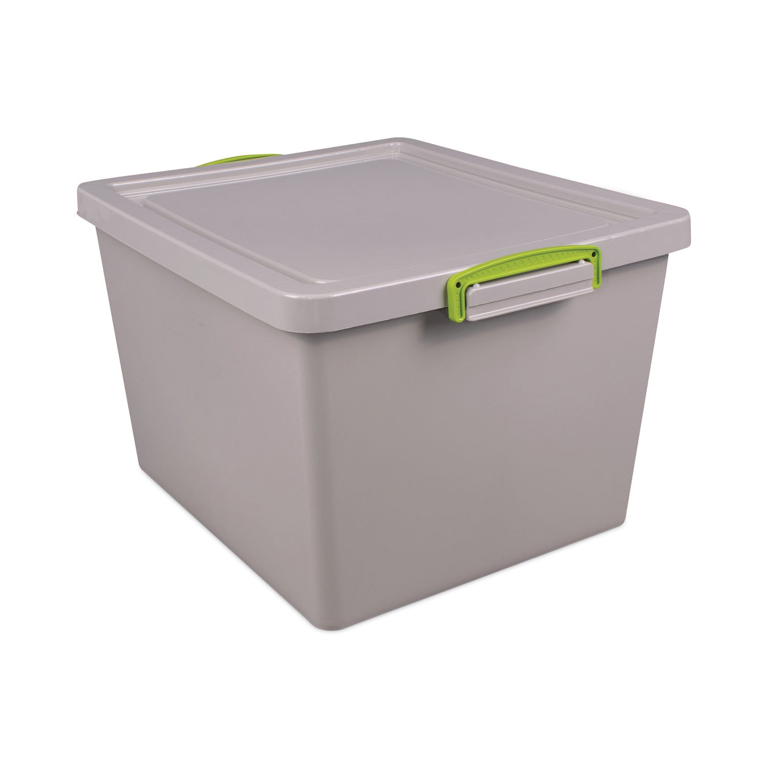 Really Useful Box 35.4 Qt. Latch Lid Storage Tote, 14.76" x 12.6" x 10.43", Dove Gray/Green (335RECYGREY)