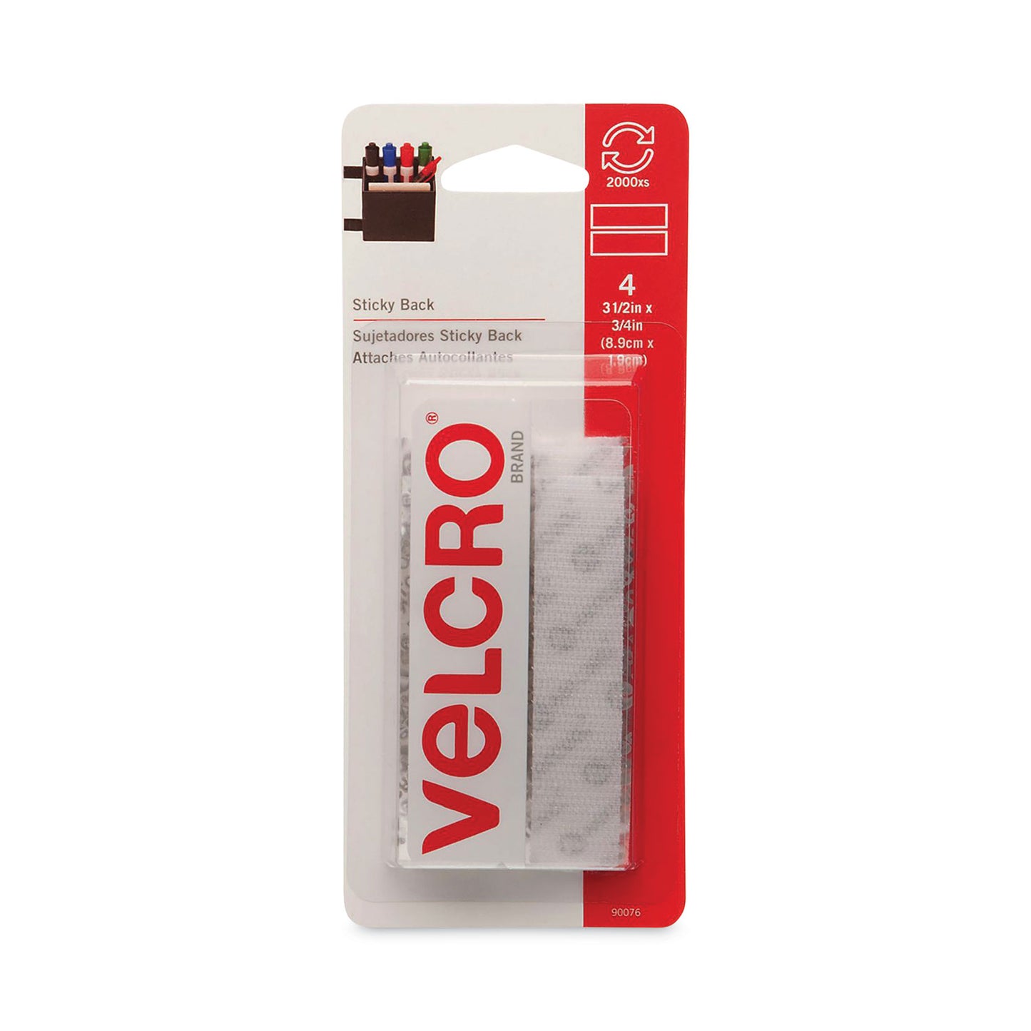 Velcro Sticky-Back Fasteners, Four 0.75" x 3.5" Strips, White (90076)