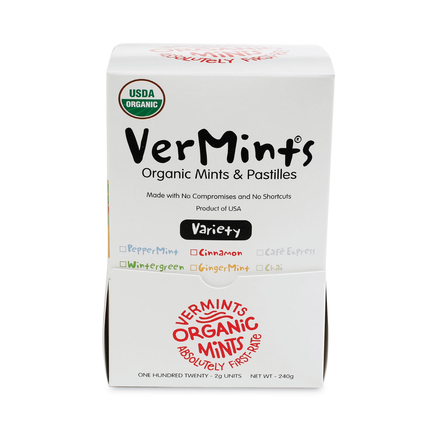 VerMints Organic Mints/Pastilles, Assorted Flavors, 2 Mints/0.7 oz Individually Wrapped, 120/Box (VNT00991)